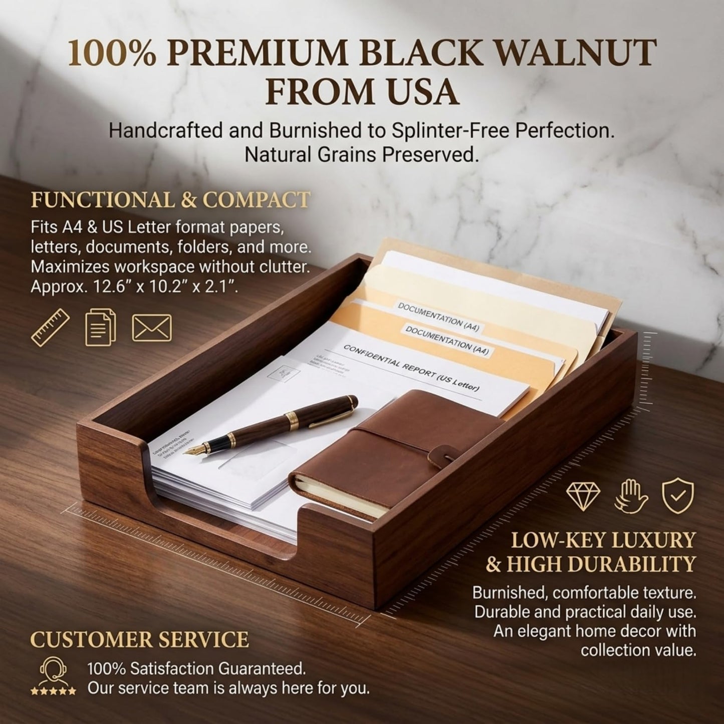 Bamber Wood Letter Tray Wooden Desk Organizer Paper Document File Tray for Office Supplies Collection Folders Notebooks, Black Walnut