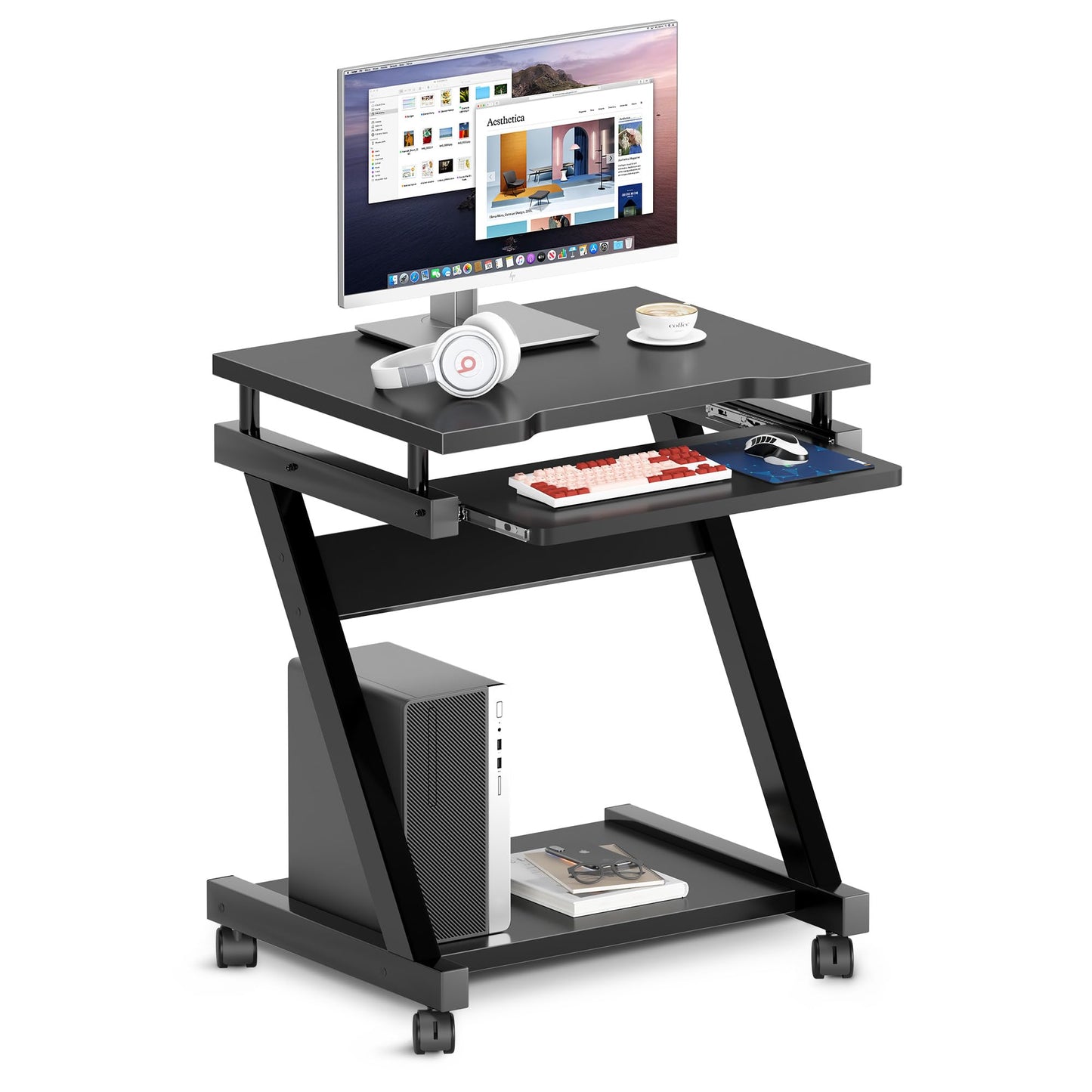 sogesfurniture Mobile Computer Desk, Small Rolling Work Workstation for Home and Office with Printer Shelf, Keyboard Drawers,23.6 x 18.9 x 28.7 Inches,BHUS-DX-8110-BB(Black)