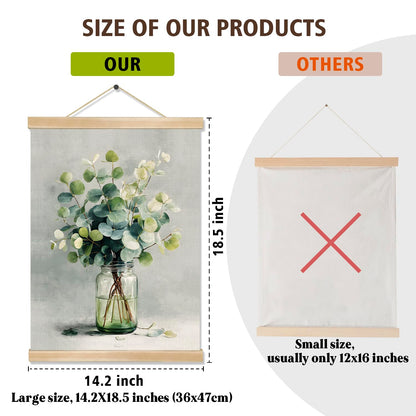 You found a duck Eucalyptus Wall Art, Minimalist Green Botanical Poster on Linen with Glass Jar, Modern Farmhouse or Scandinavian Style Decor for Living Room or Bedroom, 18.5x14 Inch (Green- Leaves)