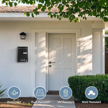 KINGCEPHAS Wall-Mounted Mailbox with Combination Lock,Small Capacity Mail Box for House, Waterproof Postbox,Mailboxes for Outside, 8.5” x 3” x 12.4” (Black)