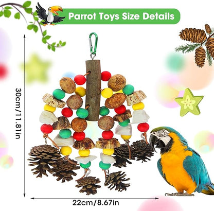 MQUPIN Parrot Toys, Nuts Nutrient-Rich Bird Toys,Natural Wooden Parrot Cage Bite Toy,Chewing Toy Containing Cuttlefish Bones,Pine Cones,Wooden Mangoes and Carambola for African Greys,Cockatoo,Budgie