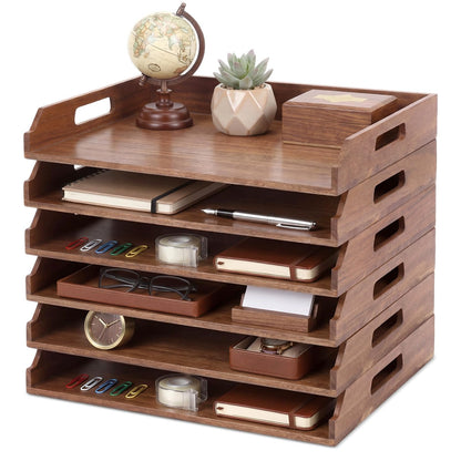 AceOrbit 6 Pcs Stackable Paper Tray Acacia Wood Desk Organizer Letter Tray 6 Tier Wooden File Organizer Desk Shelf for Documents, Letter Sorter, Envelopes and Magazine Holder