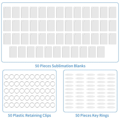 Merkisa 150 Pcs Sublimation Keychain Blanks – Double-Sided Heat Transfer Blanks 50 Set with Rings & Clips, Clear Film– DIY Bulk Blank Keychains for Crafts, Personalized Gifts (Rectangle)