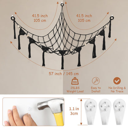 Stuffed Animal Storage Hammock Corner, 57 Inch Large No Drilling Handcrafted Stuffed Animal Net, Natural 100% Cotton Boho Macrame Toy Hammock Stuffed Animal Organizer for Kid Room Nursery Decor(Black)