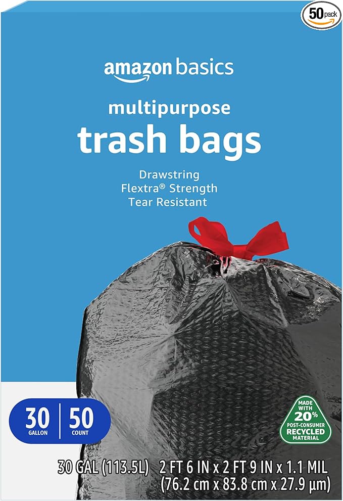 Amazon Basics 30 Gallon Flextra Strength Multipurpose Drawstring Trash Bags