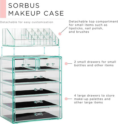 Sorbus Acrylic Makeup Organizer Set, 6-Drawer Vanity & Countertop Cosmetic Storage with Small & Wide Compartments, Teal Thrill Makeup Storage for Brushes, Jewelry – Holiday Gift for Women & Teens