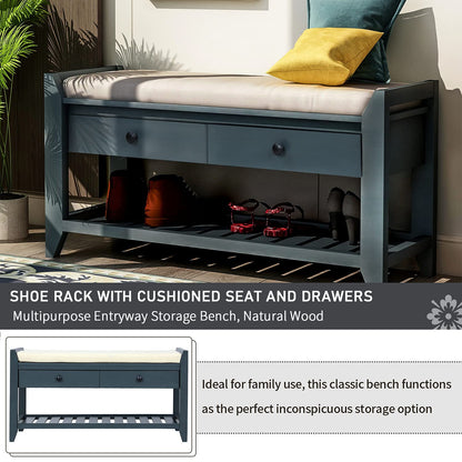 SPOFLYINN Shoe Bench, Entryway Storage Benches with Cushion Seating and Storage Drawers, Multipurpose Wooden Shoe Bench with Bottom Shelf for Entryway Hallway Living Room Bedroom Antique Navy