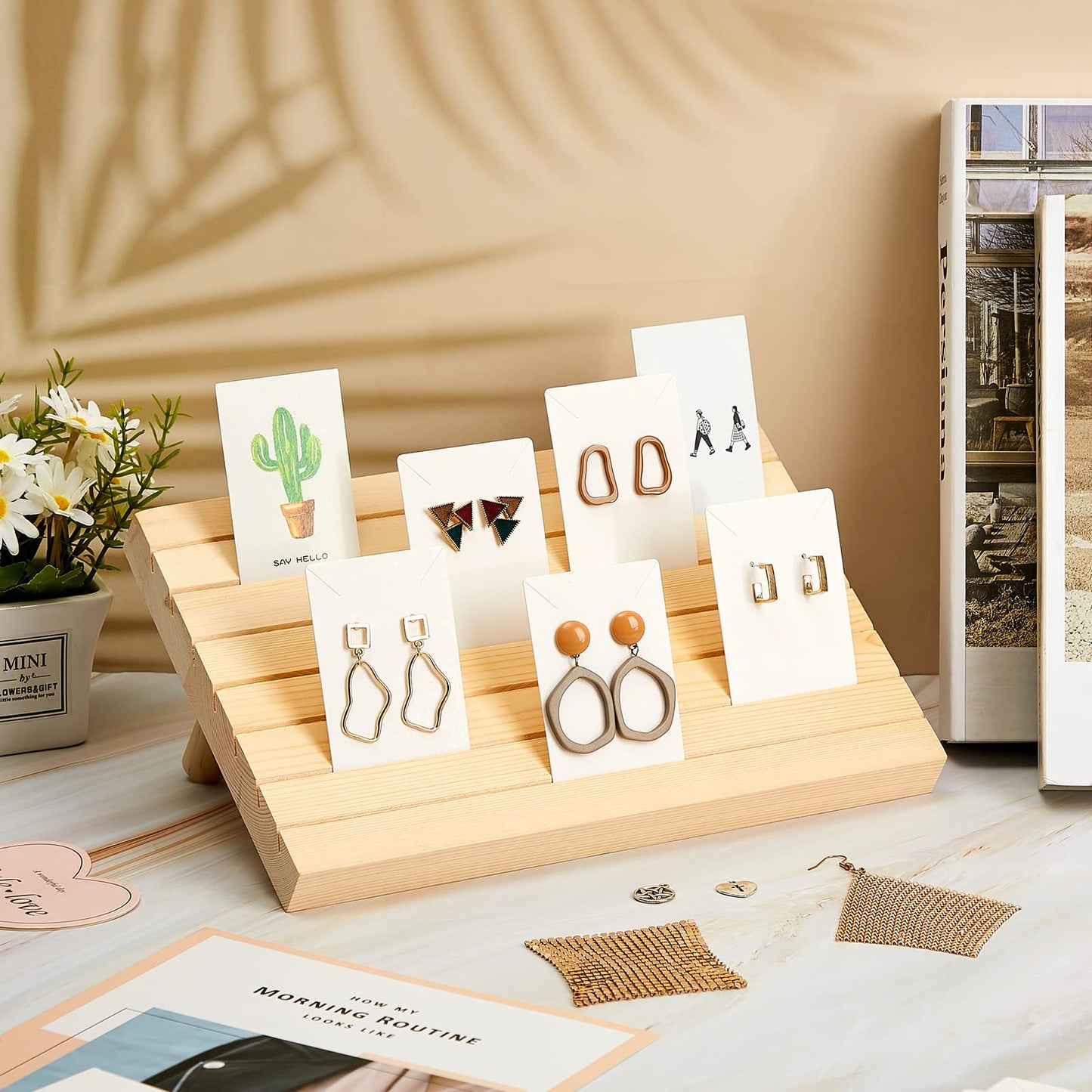 Marsui 124 Pcs Wood earring card display wooden earring display stand 4 Set Jewelry stand holder with Card for Jewelry Selling(Wood Color)