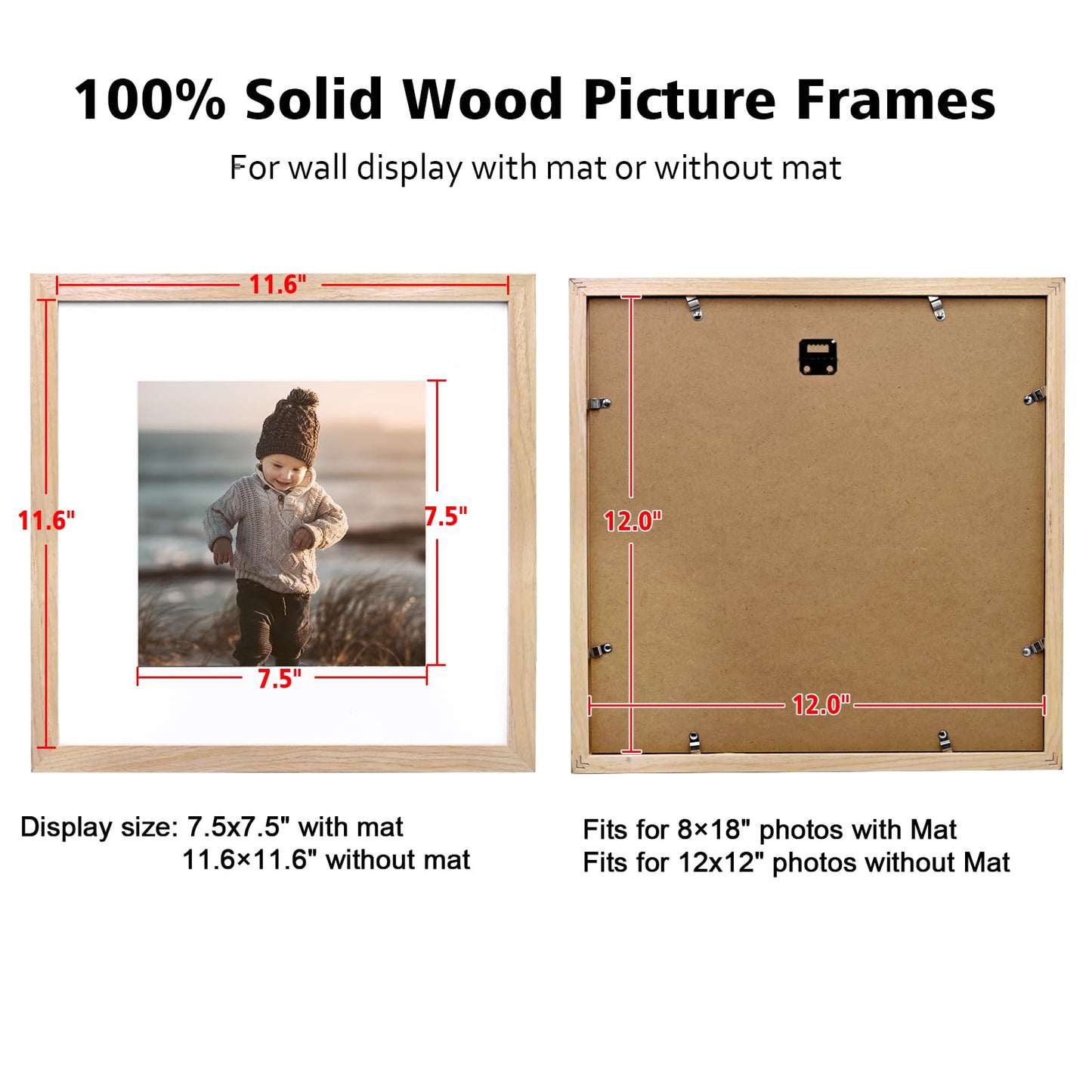 KINLINK 12x12 Picture Frames, 4 Pack Natural Solid Wood Square Frames for Art, 8x8 Matted or 12x12 Frame without Mat, Wall Display Photo Frame