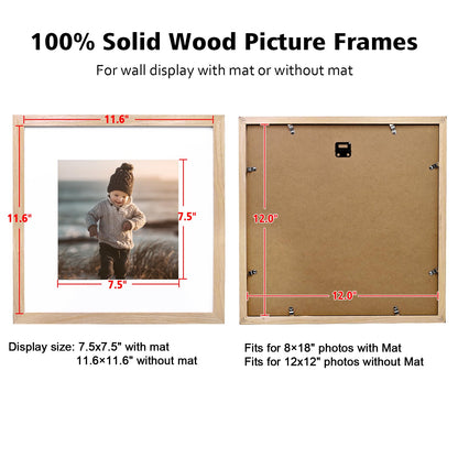 KINLINK 12x12 Picture Frames, 4 Pack Natural Solid Wood Square Frames for Art, 8x8 Matted or 12x12 Frame without Mat, Wall Display Photo Frame
