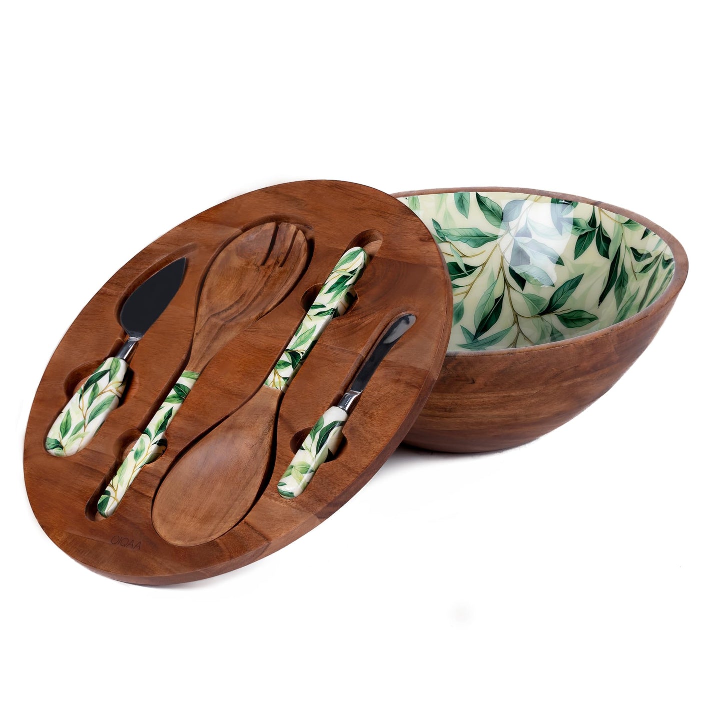 QIQAA Acacia Wood Fruit Bowl for Kitchen Counter | Wooden Salad Bowl For Food | Herringbone Inlay Lid Salad Tongs cheese knives | No Leaks | Designed in USA Handmade In India 12x12x4.75 (Light)