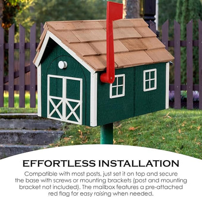 Peaceful Classics Amish Cedar Roof Wooden Mailbox with Window & Door Trim, Handcrafted Mailboxes for Outside, Post Mount Residential Mailboxes - (Green & White, Wood)