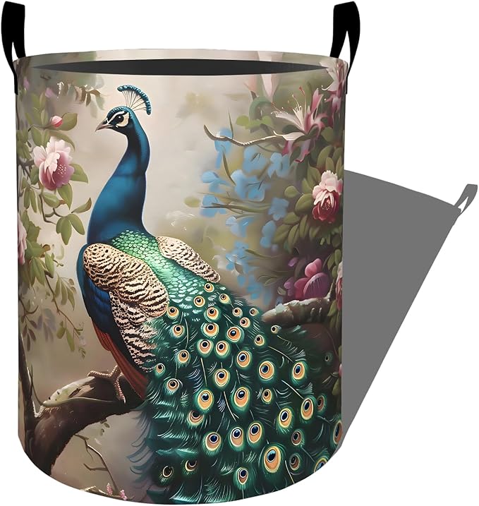 Majestic Peacock Among Blossoming Flowers Laundry Basket