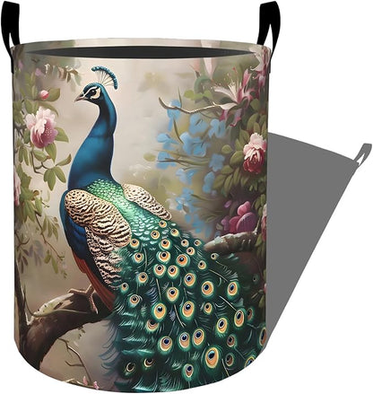 Majestic Peacock Among Blossoming Flowers Laundry Basket