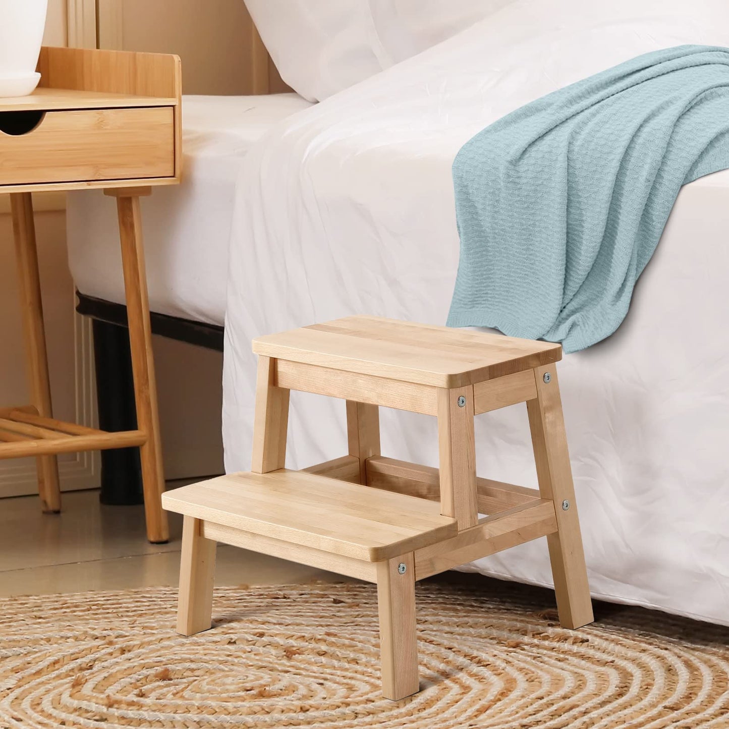 HOUCHICS Wooden Step Stool for Adults Kids, Solid Wood Bed Step Stool, Multi-Purpose 2-Step Stool for Kitchen, Bed, Bathroom with 260lb Load Capacity