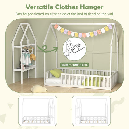 Giantex Twin House Floor Bed, Solid Wood Montessori Bed with Detachable Storage Shelf, Clothes Hanger & Guardrails, Twin Beds for Kids Teens, Girls & Boys