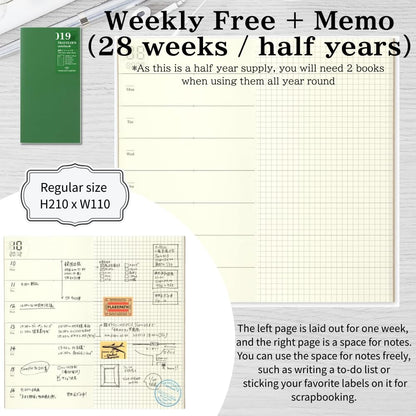 Traveler's Notebook Refill Set – 017 Monthly + 019 Weekly Memo + Bonus Random Washi Tape (3 Roll) – Undated Planner Inserts, Journal Gift Idea