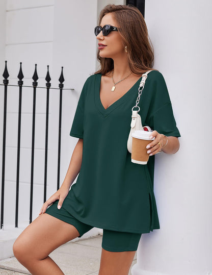 Ekouaer Womens Pajamas 2 Piece Lounge Sets Oversized V Neck T-Shirts Tops Biker Shorts Set Workout Reversible Tracksuit Lake Green, Large