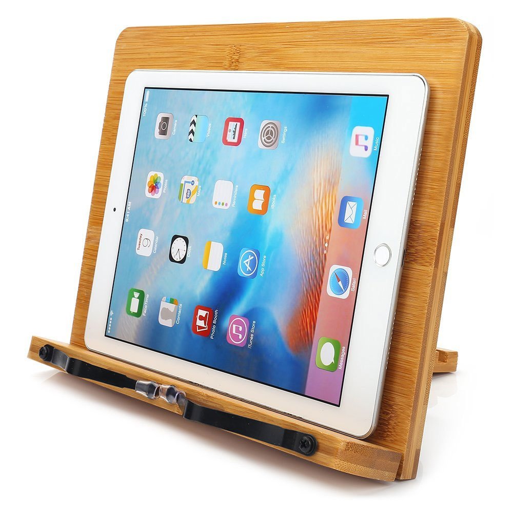 wishacc Bamboo Book Stand for Reading, 13.2" x 9.2" Premium Wooden Cookbook Holder and Recipe Stand for Kitchen Counter, Foldable Adjustable Desk Easel with 5 Angles for Textbooks, Sheet Music, Tablet