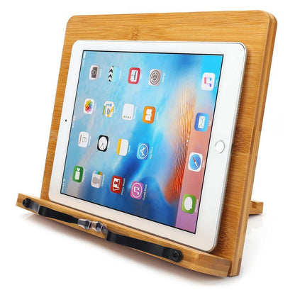 wishacc Bamboo Book Stand for Reading, 13.2" x 9.2" Premium Wooden Cookbook Holder and Recipe Stand for Kitchen Counter, Foldable Adjustable Desk Easel with 5 Angles for Textbooks, Sheet Music, Tablet