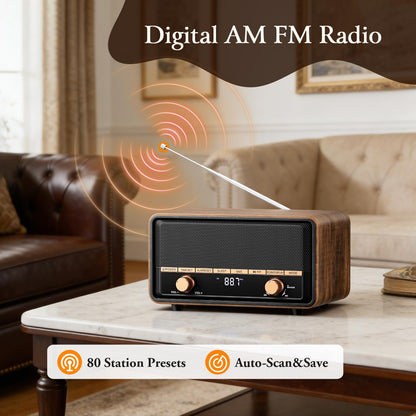 Audiocrazy Vintage Wooden AM FM Radio with Bluetooth, Digital Clock Radio for Bedroom with 80 Station Presets, Tap to Snooze, Sleep Timer, Clear LCD Display for Home Office (Deep Walnut)
