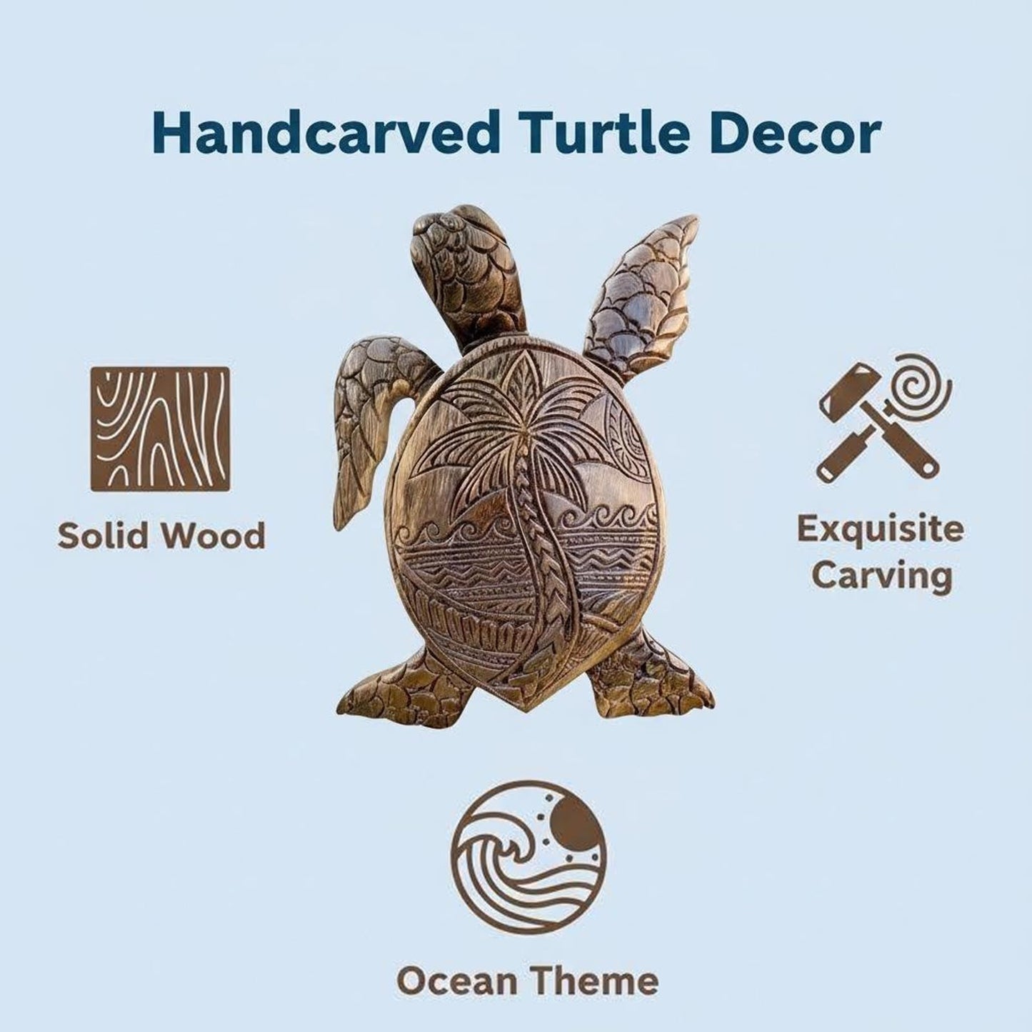 5.9" Hand Carved Wood Sea Turtle Figurine - Small Hawaiian Honu Statue with Traditional Island Motifs - Artisan Tropical Decor for Desk, Shelf, Home & Office - Meaningful Collectible Gift (Hibiscus)