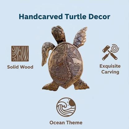 5.9" Hand Carved Wood Sea Turtle Figurine - Small Hawaiian Honu Statue with Traditional Island Motifs - Artisan Tropical Decor for Desk, Shelf, Home & Office - Meaningful Collectible Gift (Hibiscus)
