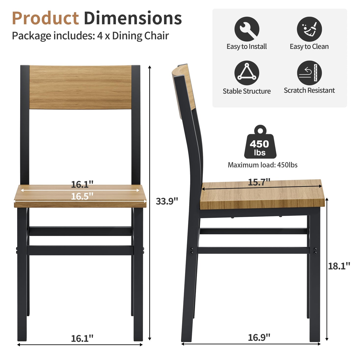 MECHYIN Dining Chairs Set of 4, Rustic Wood Dining Room Chairs with Thickened and Strengthened Metal Steel Frame & Slat Back, Modern Farmhouse Chair for Kitchen, Dining Room (4, Natural Wood)