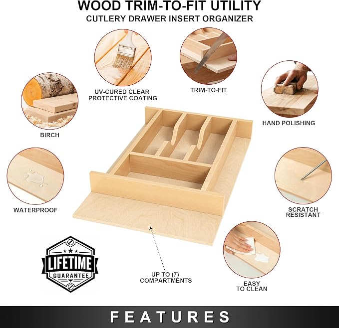 Clikuutory Natural Birch Wood Utensil Drawer Insert Organizer with 7 Compartments, Space-Saving Sturdy Drop-In Cutlery Divider Tray, Kitchen Cabinet Storage for Silverware, Spoons, Forks and Knives