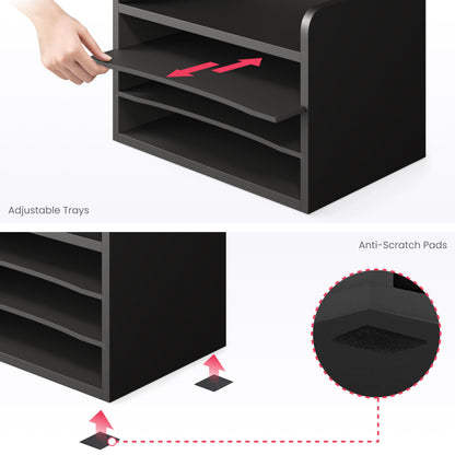 Ballucci File Organizer, 4-Tier Office Desk Organizer, Open Top Wood Paper Organizer for Classroom, Mail Sorter Paper Tray with Adjustable Storage Shelves, Black