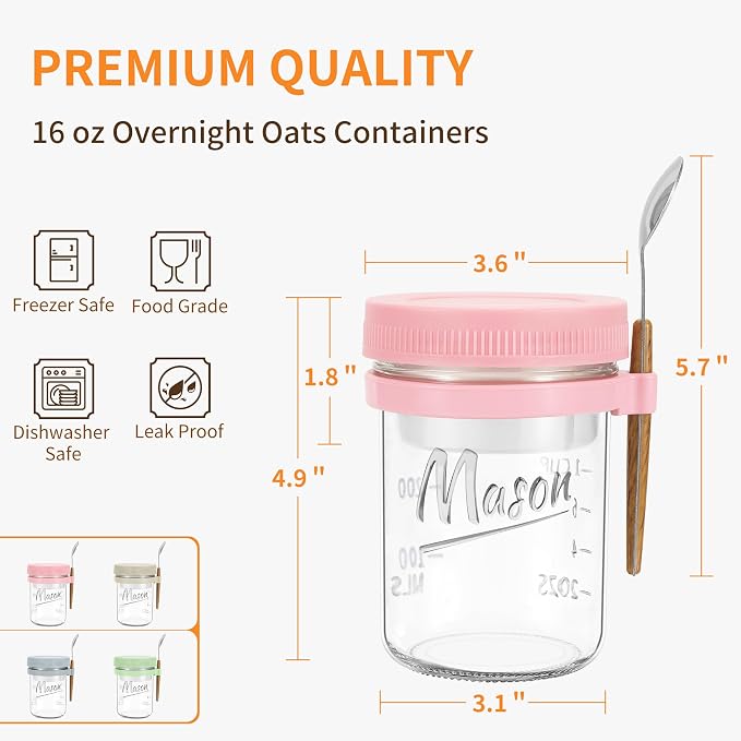 Xyptorix 4 Pack Overnight Oats Containers with Lids and Spoons, 16 oz Mason Jars with Removable Separate Compartments, Airtight and Leak-Proof Glass Jars for Chia Pudding, Yogurt, and Oatmeal