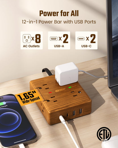 Brown Extension Cord 10Ft, Flat Plug Power Strip Surge Protector, 8 Outlets & 4 USB Ports (2 USB C), Desktop Charging Station Hidden Behind Furniture, Decorative Office Desk Accessories (Walnut Wood)