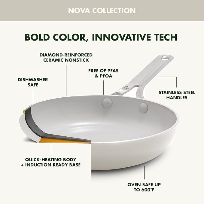 GreenPan Nova 12” Nonstick Frying Pan Skillet, PFAS-Free Ceramic Cookware, Durable Fast Heating, Induction Ready, Omelet & Eggs, Oven Safe to 600F, Dishwasher Safe, Cream White