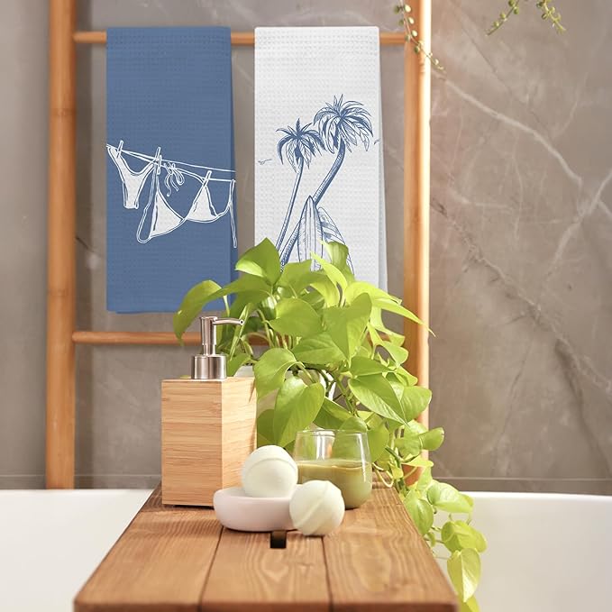 Blue Beach Surfboard Kitchen Towels, Coastal Tropical Palm Tree Decorative Hand