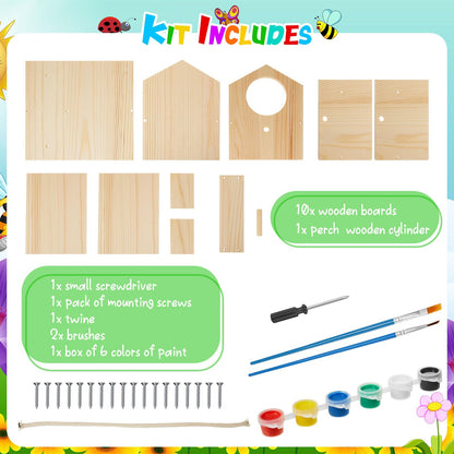 Liliful 2 Pack DIY Wooden Birdhouse Kit, Crafts for Kids and Adults, Bird House with Paint and Paintbrushes Painting Kits for Boys and Girls, Spring Birthday Classroom Gifts for Ages 4-8