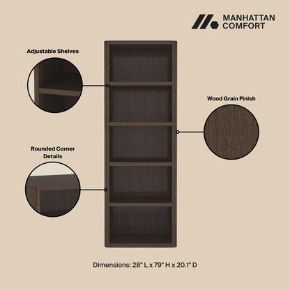 Manhattan Comfort Rivington 79" Tall Modern 5-Tier Bookcase, Open Shelving Storage Cabinet with Adjustable Shelves for Living Room or Home Office, Single Bookcase in Natural Oak