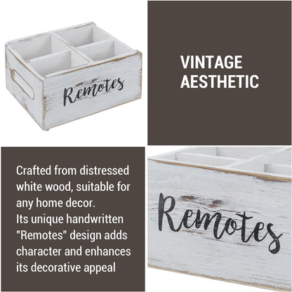 MyGift Wood Remote Control Holder Organizer with 4 Compartments, Media Remote Caddy Storage with Cursive REMOTES Design, Whitewashed