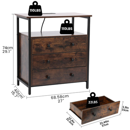 Edbuosy 3 Wooden Drawers Night Stand, 27 Inch Wide Nightstand with Charging Station and Adjustable Drawers, Small Dresser for Closet, Bedside Table for Living Room/Bedroom/Office, Retro Brown