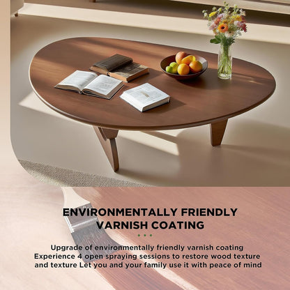Solid Wood Triangle Coffee Table,Unique Mid Century Modern Oval Coffee Table,Irregular Geometric Tea Tables for Home Living Room with Wooden Tabletop and Reinforced Legs Walnut 35" L x 24" W x 16" H