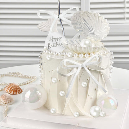 Knana 39Pcs Bow Cake Topper Shell Pearl Cake Decorations with Happy Birthday Cake Topper for Baby Shower Party Favors