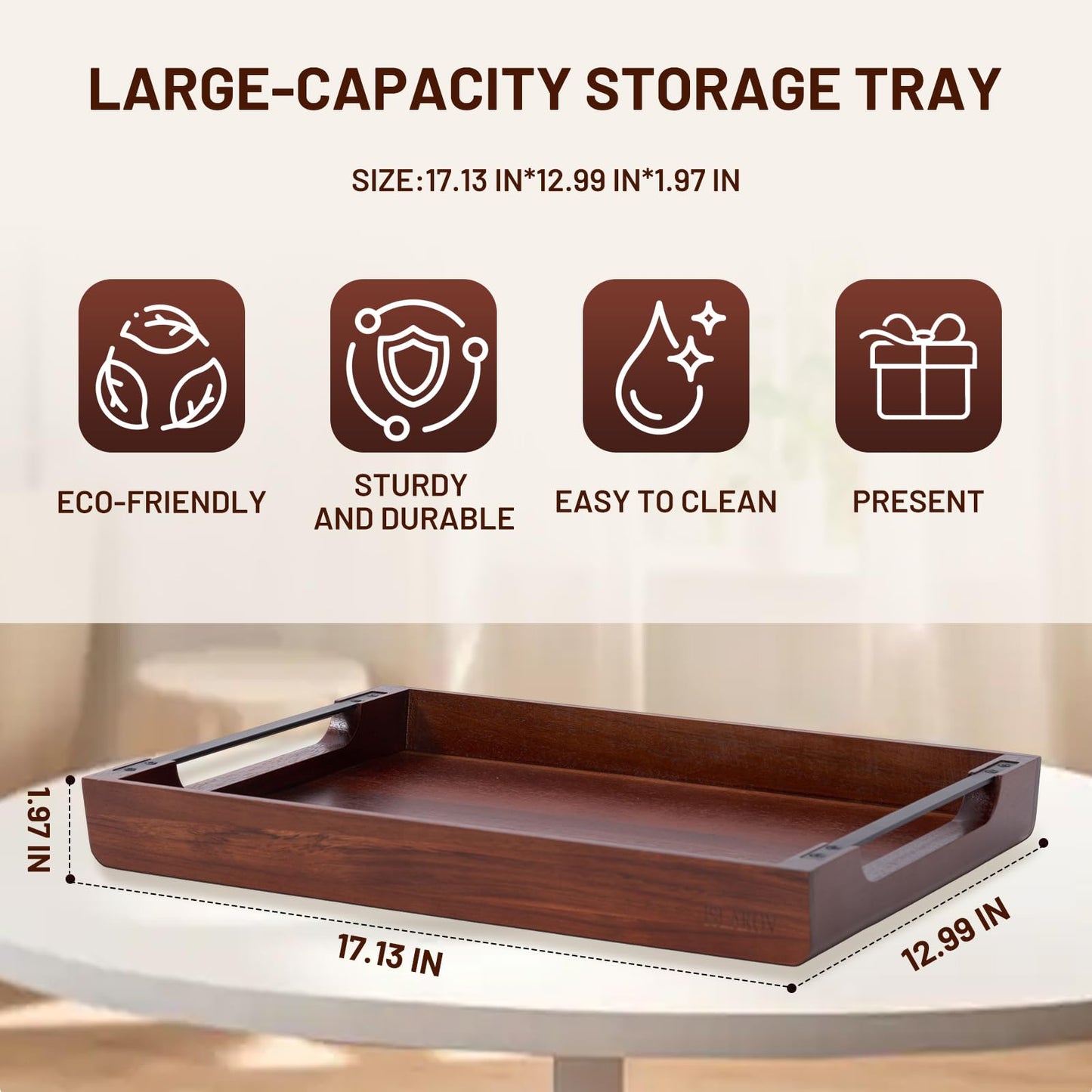 Acacia Wood Tray - 17X13 Large Ottoman Decorative Wooden Trays with Handle for Coffee Table, Kitchen Counter and Living Room - Rectangle Serving Tray for Countertop