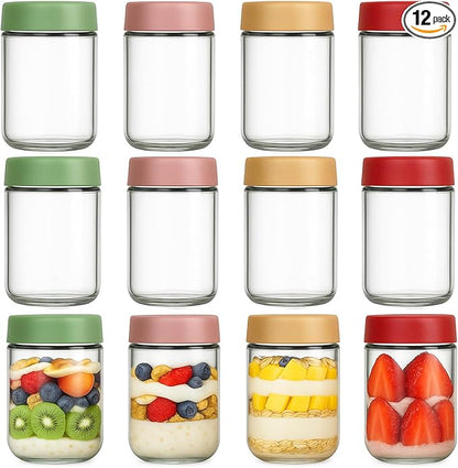 TBWIND 12 Pack Overnight Oats Containers with Lids, 16oz Glass Mason Jars with Airtight Lids, Wide Mouth Food Storage Containers for Yogurt, Chia Pudding, Meal Prep & Breakfast