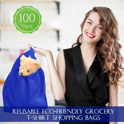Windyun Large Grocery T-shirt Bags Bulk Reusable Non Woven Shopping Bag Foldable Gift Tote with Handle, 21x11x6 Inch(100 Pcs,Navy Blue)