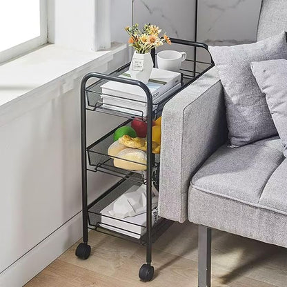 3 Tier Metal Rolling Cart with Wheels, Wire Bathroom Organizer Storage Shelves with Hooks, Utility Cart for Kitchen Laundry Room, Black