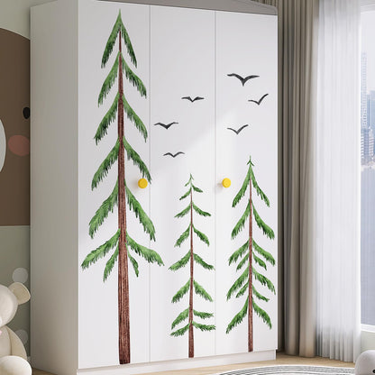 LiveGallery Removable Large 3 Pine Brown Tree Wall Decals Green Leaf With Black flying Birds Wall Sticker DIY Peel and Stick Plants Wall art Decor for Kids Girls Boys Teens Nursery Bedroom Living Room