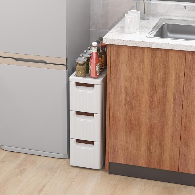 LOKO 3-Drawer Narrow Storage Cabinet, Slim Rolling Cart, Mobile Plastic Cart Container with Pull Handles, Built-in Wheels, for Living Room, Kitchen, Bathroom, Office (7.5"x16.5"x22.5" (3 Drawer))