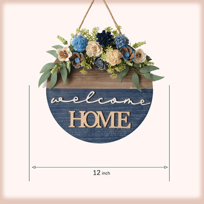 Spring/Summer Welcome Sign for Front Door 16 Inch Round Wood Sign with Rice-Paper Plant Flowers Hanging for Farmhouse Porch Door Decoration (Blue)