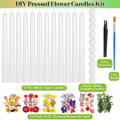 MTLEE 30 Pack Pressed Flower Candles Making Kit 6 Set Dried Pressed Flowers 12 White Taper 10 White Tealight Candles with Tweezers Brush for DIY Crafts Birthday Wedding Party Favors
