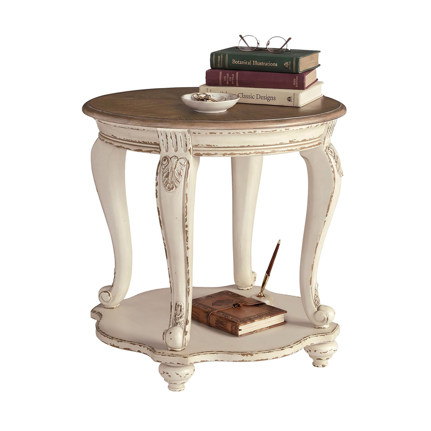 Signature Design by Ashley Realyn Round End Table, Cottage-Style Side Table with Antiqued Two-Tone Finish, Wood & Veneer Construction for Living Room or Bedroom, White/Brown