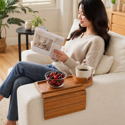 NSS ESSENTIALS Acacia Wood Couch Arm Tray Table with Cup Holder - Flexible Sofa Armrest Tray for Drinks, Snacks & Remote - Natural Wooden Sofa Side Table for Couch, Recliner & Armchair, Natural Wood